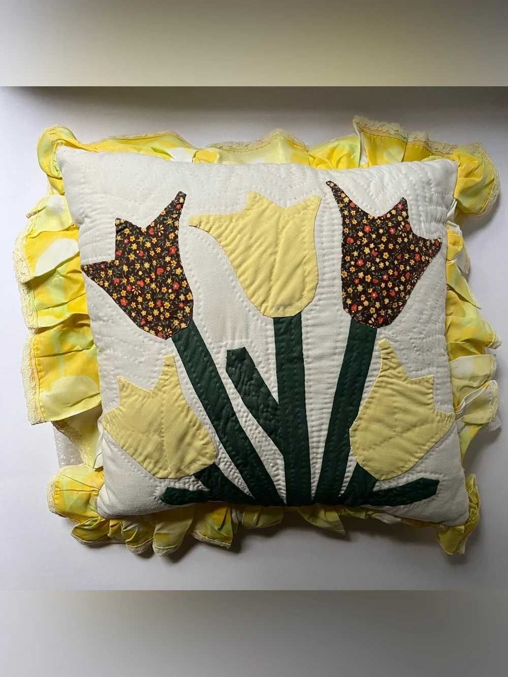 Vintage set of twoYellow Tulip Quilted Pillows with Ruffle Trim